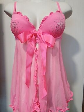 Victoria's Secret Sexy Little Things Sheer Neon Pink Bow-Front Babydoll Chemise
